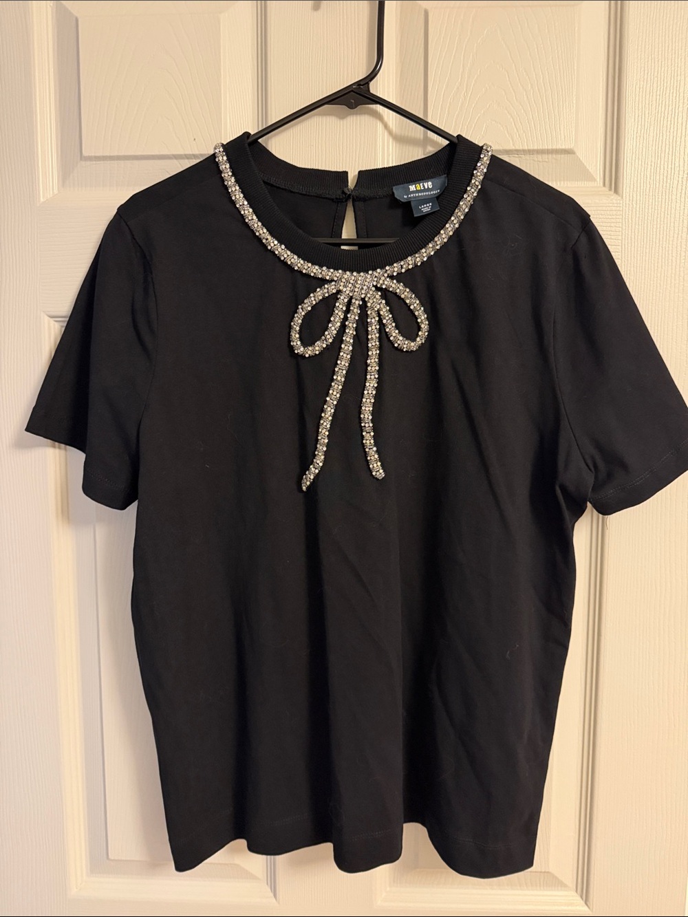 Maeve Black Short-Sleeve Tee with Crystal Bow Trim